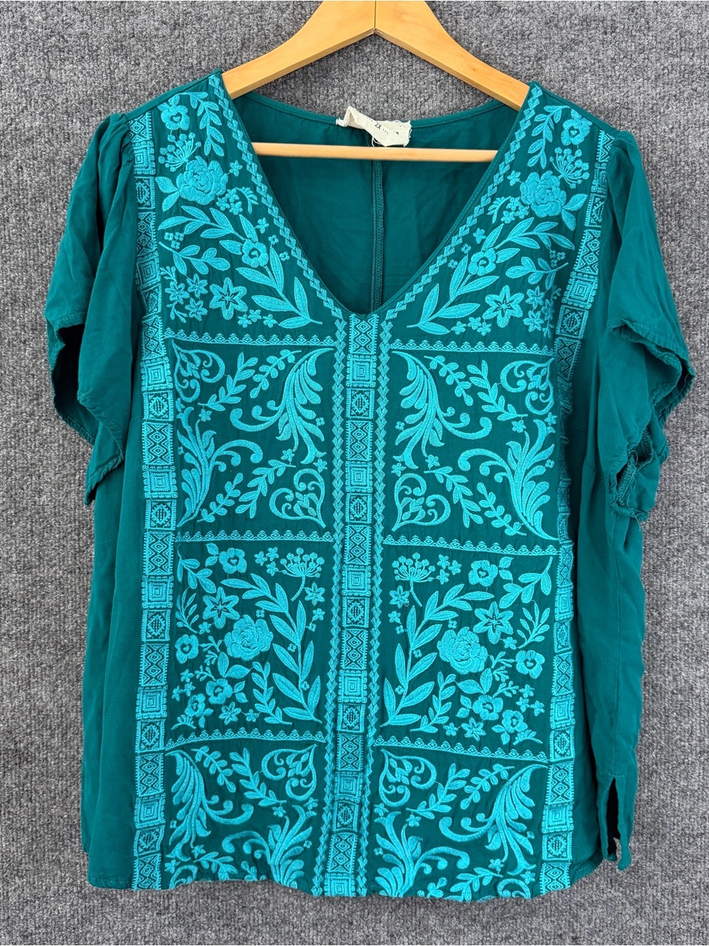 Savanna Jane Womens 2X Embroidered Top Teal Flutter Sleeve V Neck Casual Boho